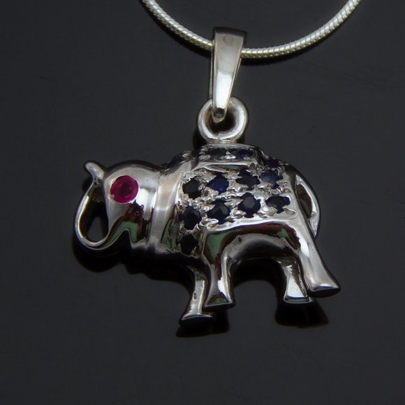 Genuine Ruby and Sapphire Lucky Elephant Necklace in 925 Sterling Silver - Picture 2 of 5